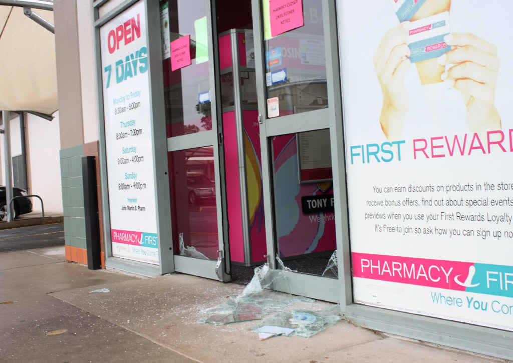 TARGETED HIT: Smashed glass at the scene of Friday’s break-in at an Emerald chemist. Police are appealing for information from the public. TARGETED HIT: Smashed glass at the scene of Friday’s break-in at an Emerald chemist. Police are appealing for information from the public.